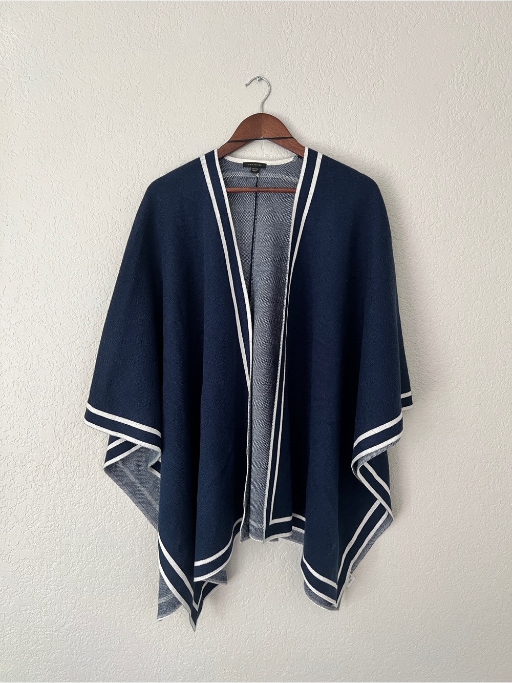 Ann Taylor Navy Knit Open-Front Poncho with White Trim